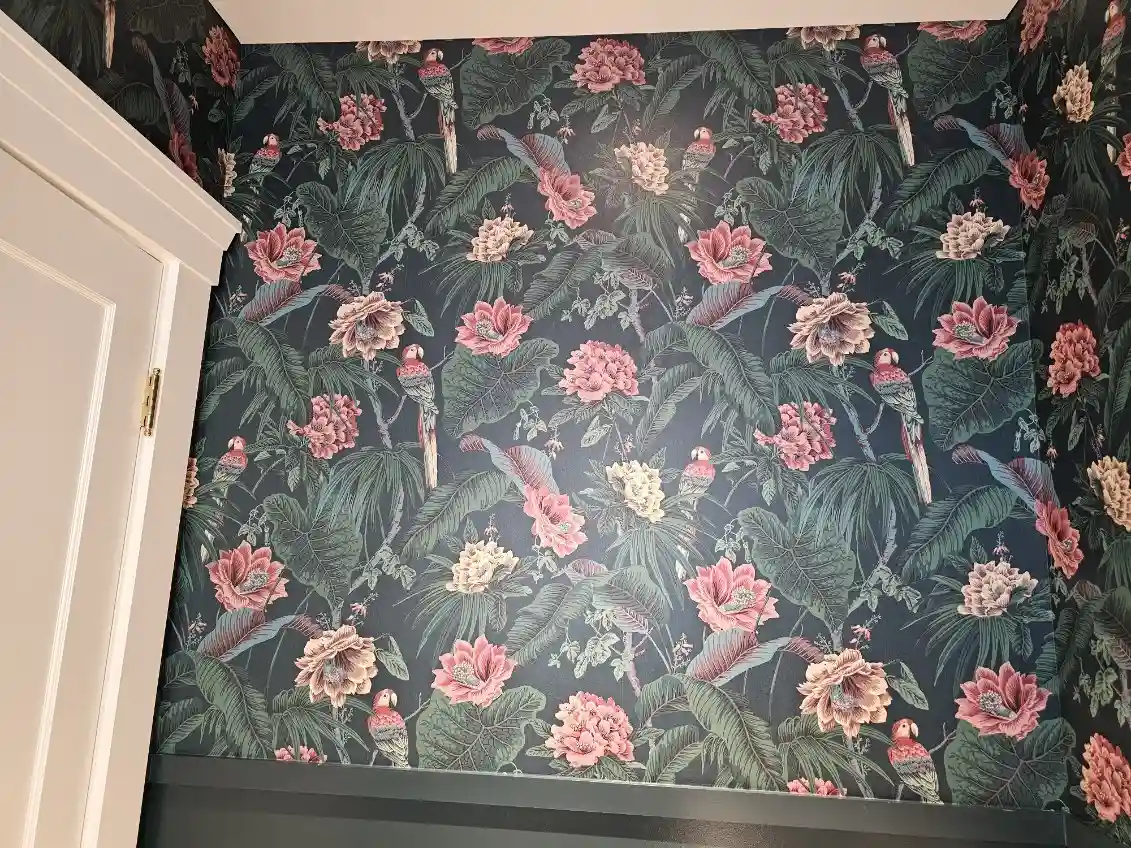Residential feature wall wallpaper installation with precise pattern matching
